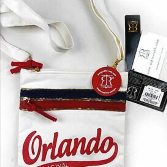 Orlando canvas cross body white bag with Orlando script in red double zipper - Picture 3 of 9